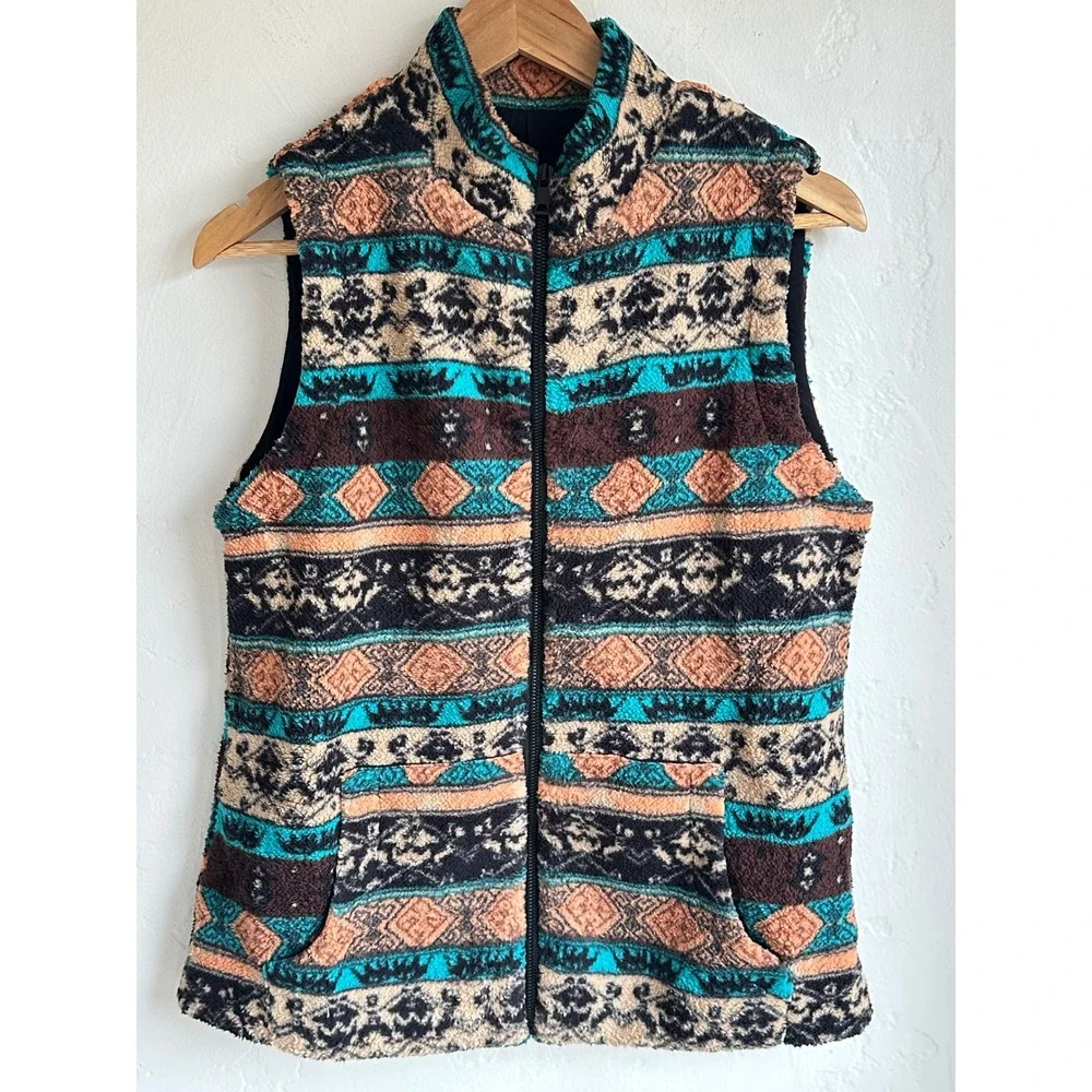 Womens Aztec‎ Sherpa Fleece Vest Teal Brown Southwestern Full Zip Size Medium